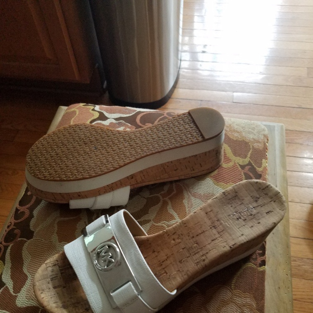 Michael Kors cork white leather slides